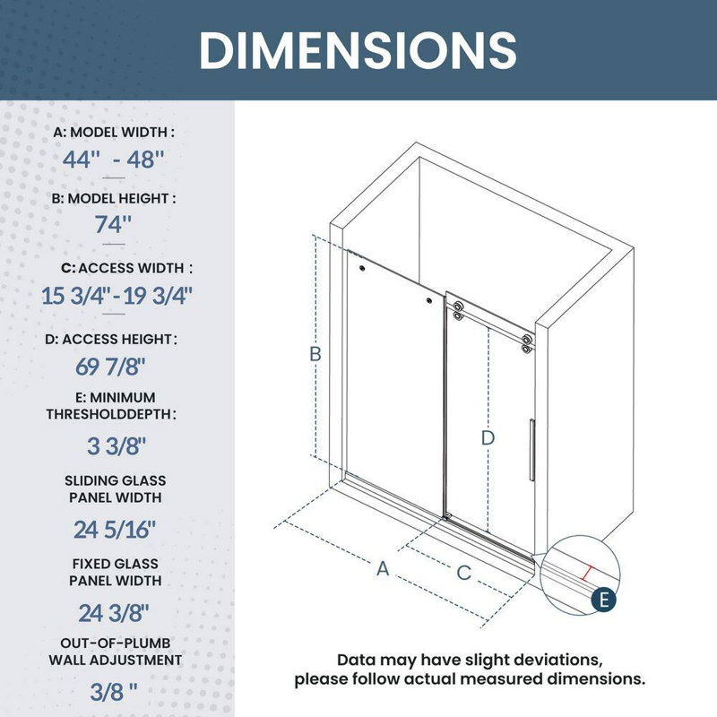 44"- 48" W x 74"H Single Sliding Frameless Shower Door, Sliding Door with 1/4" (6mm) Tempered Glass, Easy-Clean Nano Coating for Walk-in Shower, Smooth Quiet Glide, Chrome