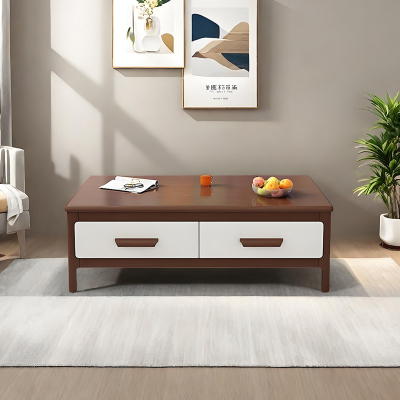Table basse en chêne massif avec coins arrondis, Blanc / Noyer foncé, Marron foncé