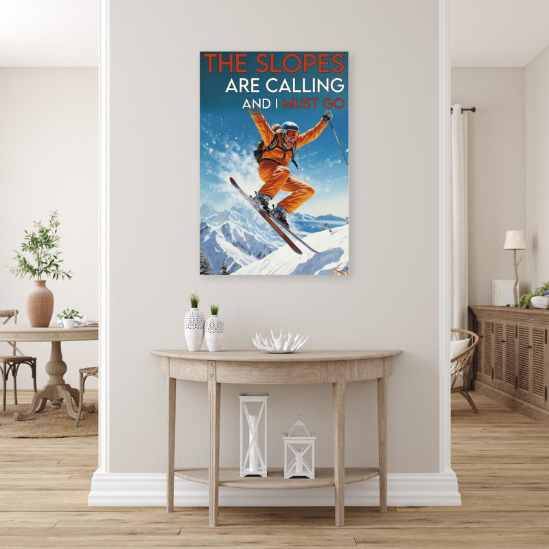 «Skiing The Slopes Are Calling», reproduction d'art graphique sur toile tendue, H 36 po x l 24 po x P 1,25 po