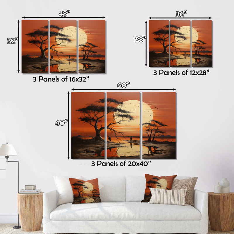 Coucher de soleil africain I, reproduction sur toile 3 pièces, H 40 po x l 60 po x P 1 po