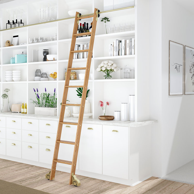 Échelle roulante en bois de style de 8,92 pi à huit marches en bois de chêne rouge Sunburst, 8.92", Laiton satiné brossé