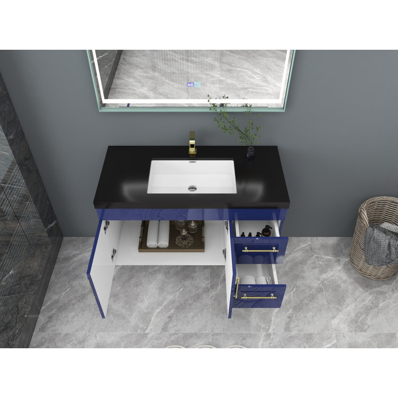 Ensemble de meuble-lavabo simple mural 42 po Campbel, Bleu nuit brillant, Or mat