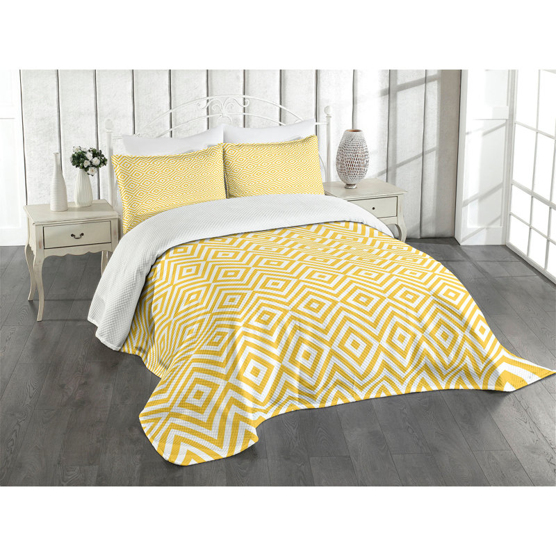 Ambesonne Geometric Bedspread Set Triangle Square Shape Marigold and White, King Coverlet/Bedspread + 2 Standard Shams