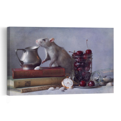 Curious Rat Still Life Classic Elegant Rustic Cherry Animal Fruit Wall Art Print by Ellen van Deelen - 1 Piece Wrapped Canvas Wall Art