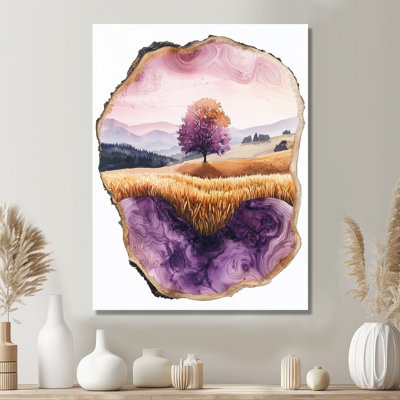 «Farm Charm Meadow with Lavender Ink Field Landscape III», art mural ferme en métal