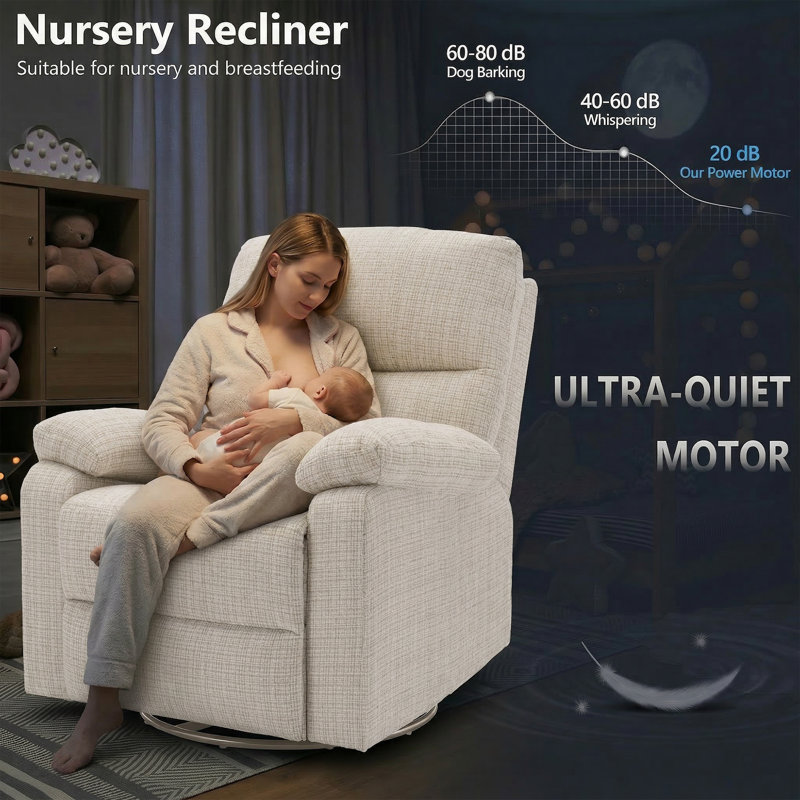  Power Recliner Chair Swivel Glider, Nursery Glider Recliner, Chenille Rocking Recliner Chair For Living Room-Beige