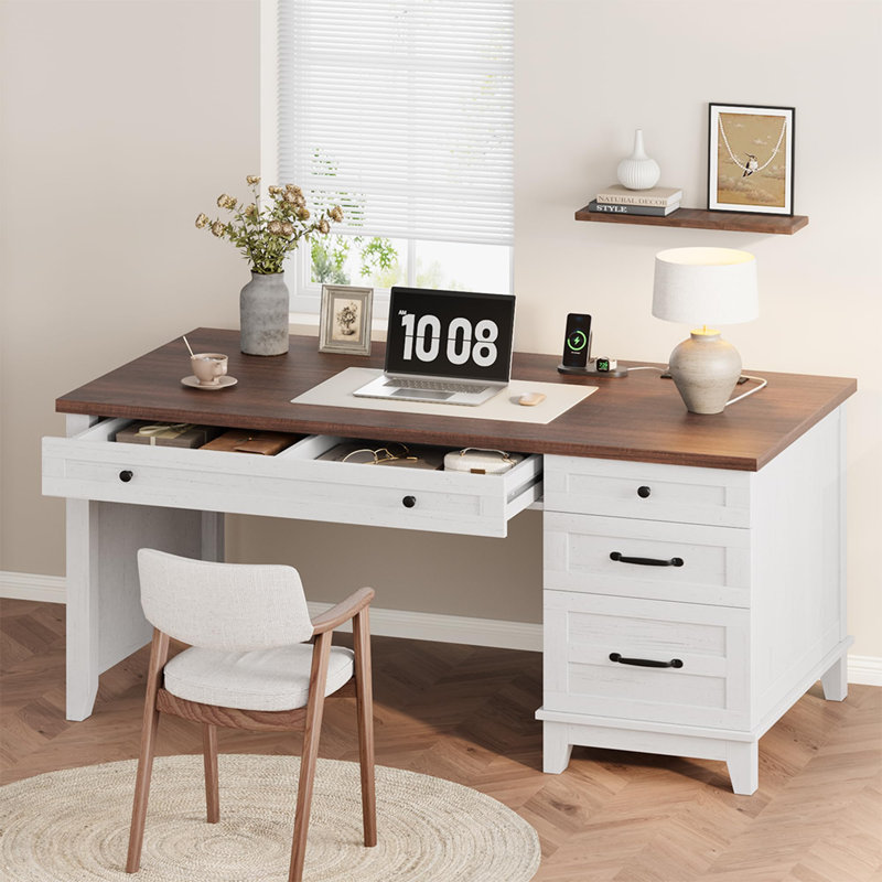 Bureau de direction Farmhouse avec station de charge et classeur, bureau d'ordinateur en bois pour étude de travail