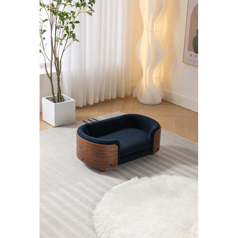 Scandinavian Style Elevated Dog Bed Pet Sofa With Solid Wood Legs And Walnut Bent Wood Back,Velvet, Dark Blue/Brown