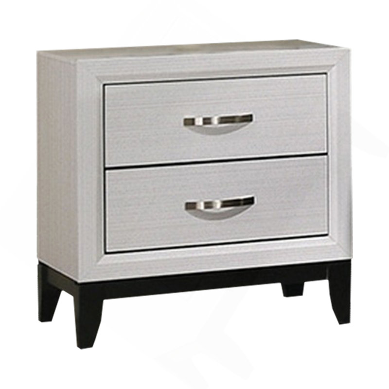 Erica Nightstand, 2 Drawers, White Wood Finished Frame, Metal Handles, White