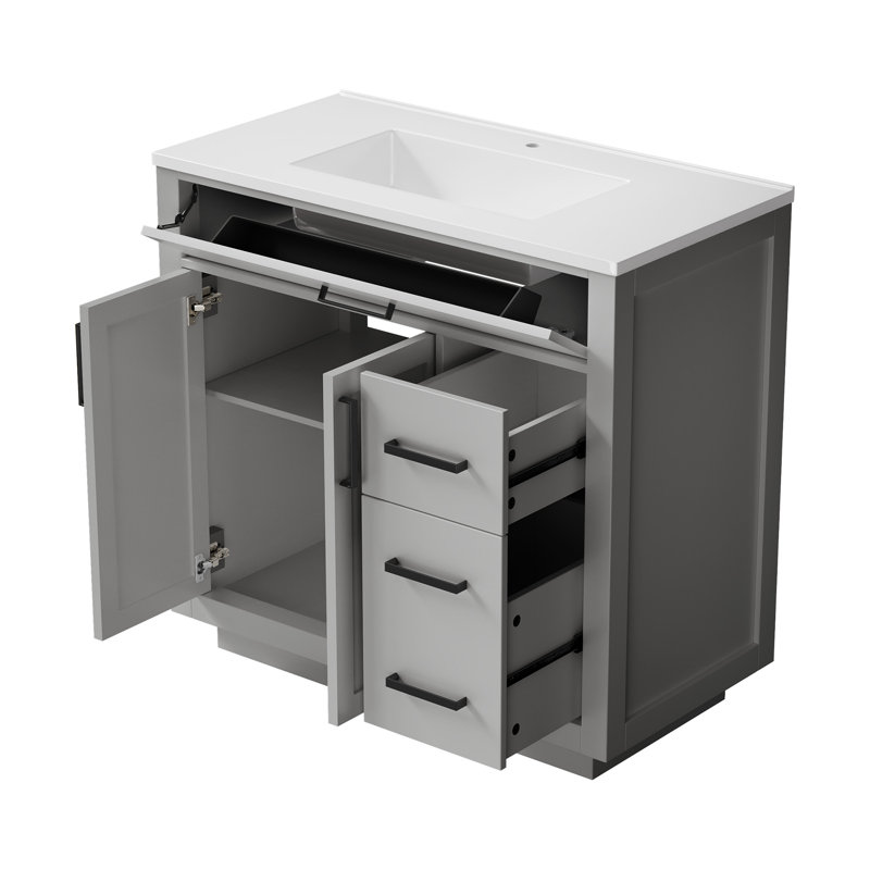 Meuble-lavabo sur pied simple 36 po gris avec lavabo encastré en marbre artificiel intégré, armoire de rangement à fermeture en douceur avec tiroir basculant