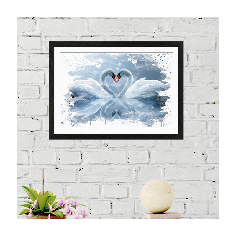 White Swan Love Heart Lake - Print, 45cm H x 62cm W, Framed Picture