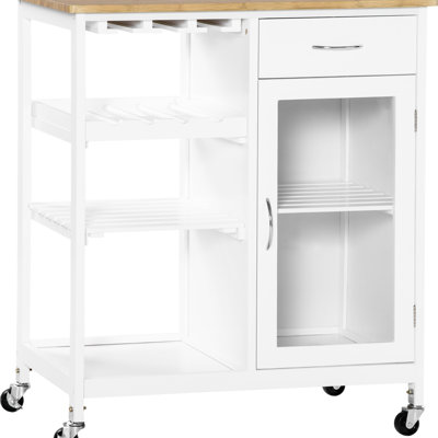 Îlot de cuisine avec rangement, blanc, support à 4 bouteilles, porte-verres à pied, armoire à tiroirs