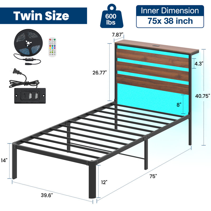 Twin Bed Frame with Lighting and Charging Headboard