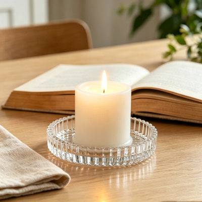 1 porte-bougie verticale en verre nervuré vertical transparent, plaque de bougie ronde décorative pour le manteau de table