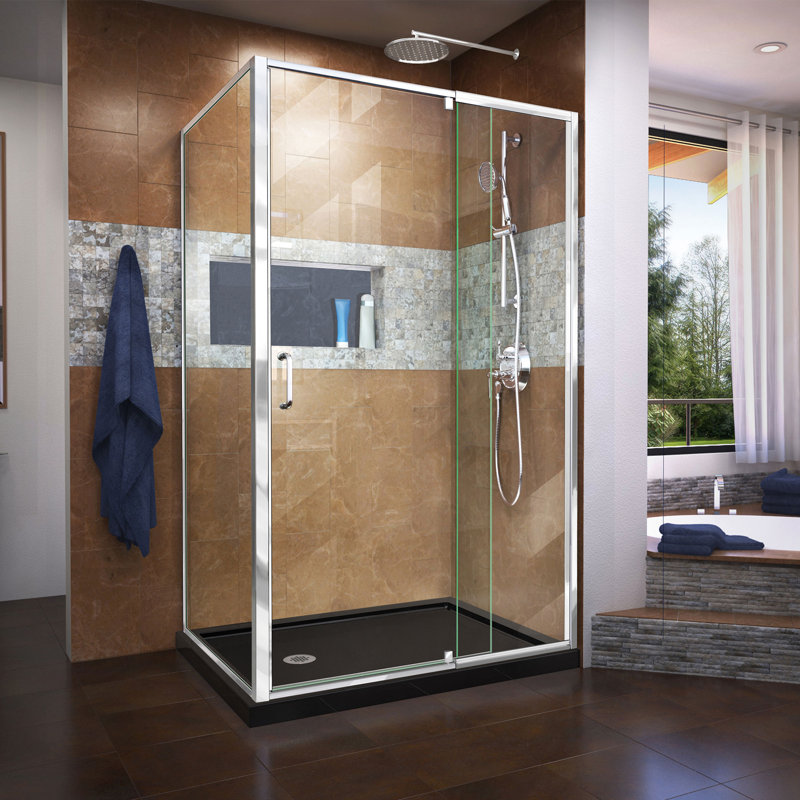 Cabine de douche Flex pivotante rectangulaire 48 "x 74,75" avec base incluse, Chrome / Noir, Gauche