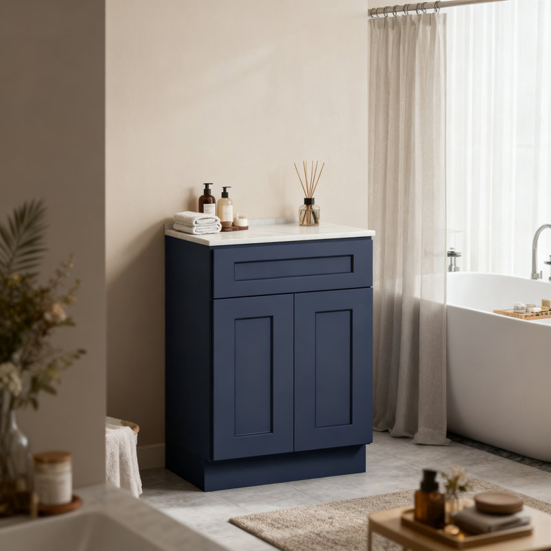 Armoire 24 po bleu marine avec porte à fermeture en douceur, tiroir, unité en bois massif peu encombrante avec tablette réglable pour la cuisine, la salle de bain, la buanderie, le garage (l 24 po x P 24 po x H 34,5 po), meubles-lavabos (non Lavabo)