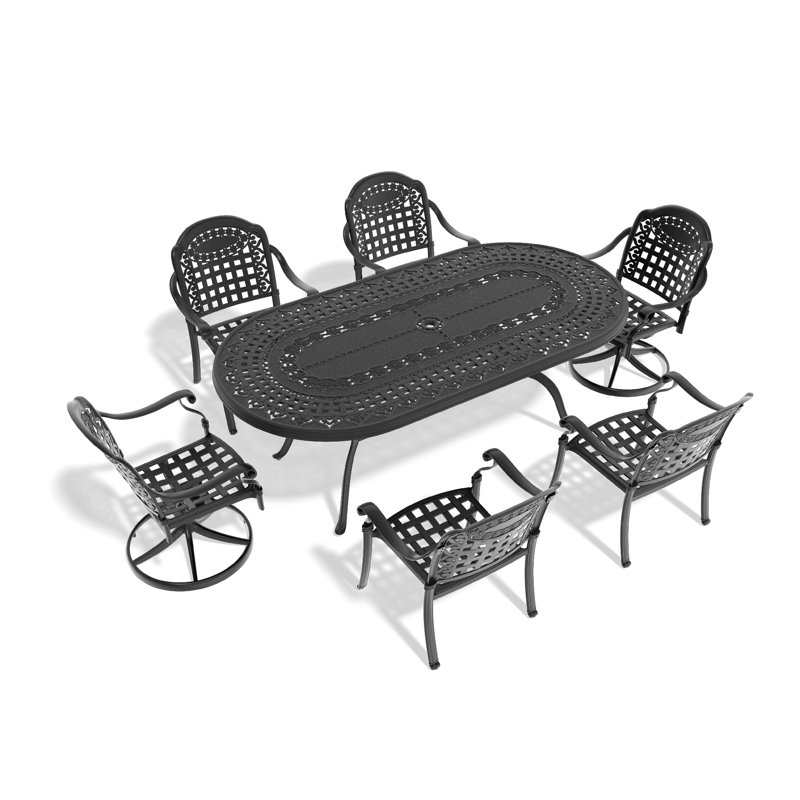 Ensemble de salle à manger 7 pièces en fonte d'aluminium toutes saisons comprenant 2 chaises pivotantes, 4 chaises et une table ovale avec cadre noir
