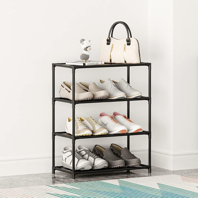 Small Shoe Rack 6-8 Pairs Sturdy Shoe Shelf 4-tiers Narrow Stackable Shoe Organizer,lightweight Kids Shoe Racks For Entryway, Doorway And Closet（black