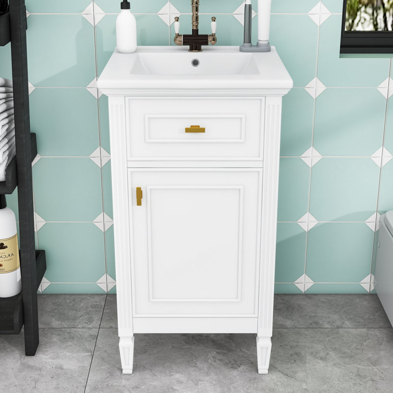 Meuble-lavabo de salle de bain avec lavabo, tiroir inclinable, tablette réglable et boutons en alliage de zinc, Blanc / blanc