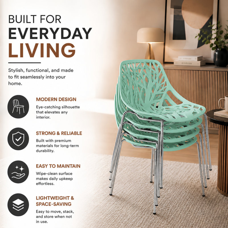 Stackable Dining Side Chairs with Floral Cutout Back and Stainless Steel Legs – Modern Kitchen, Restaurant, or Banquet Seating
