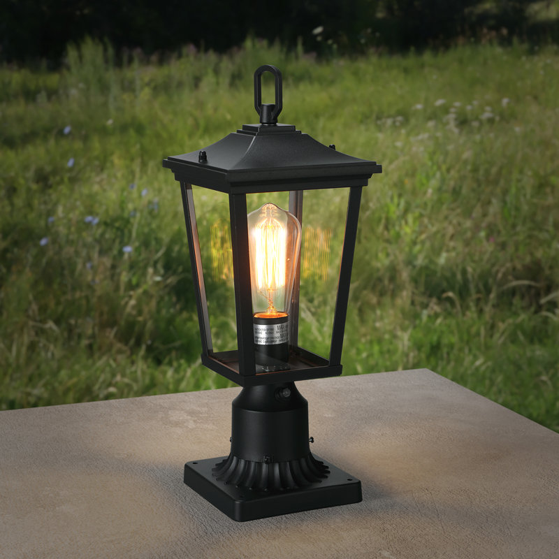 Dusk To Dawn Outdoor Post Lantern, Rectangular Clear Glass Exterior Post Light, E26 Base, Black