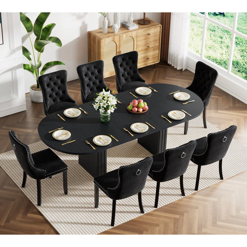 Extendable Dining Table Set, Rustic Oval Dining Room Table & Velvet Dining Chairs with Wood Leg, 62.99" -78.74" Dining Table and Chairs Set, Modern Dining Table Set
