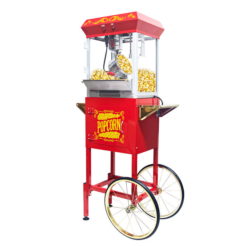 Machine à maïs soufflé, avec bouilloire de 8 oz, peut contenir jusqu'à 32 tasses, machine à maïs soufflé commerciale avec roues, ensemble de 3 cuillères à mesurer et 1 pelle à maïs soufflé, rouge