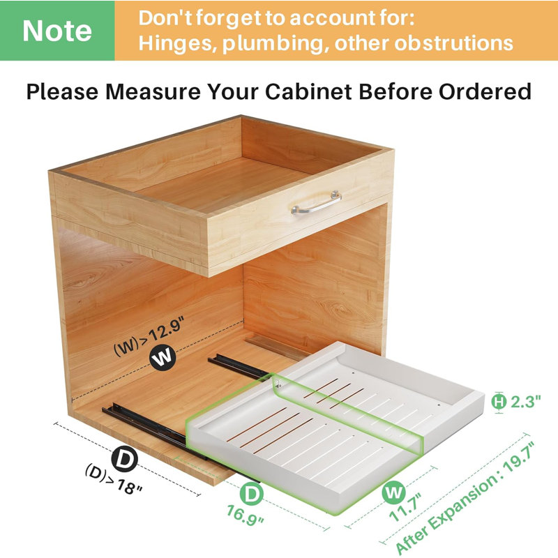 Pull out Cabinet Organizer, Expandable(11.7"-19.7") Heavy Duty Slide out Drawers Fixed with Adhesive Nano Film for Pots, Roll out Shelf Storage for Kitchen Base Cabinet Organization, Pantry, Bathroom