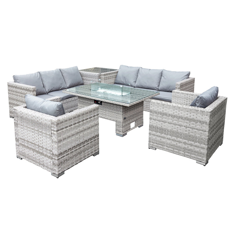 Malta Rattan 8 Seat Rising Firepit Corner Set in Dove Grey