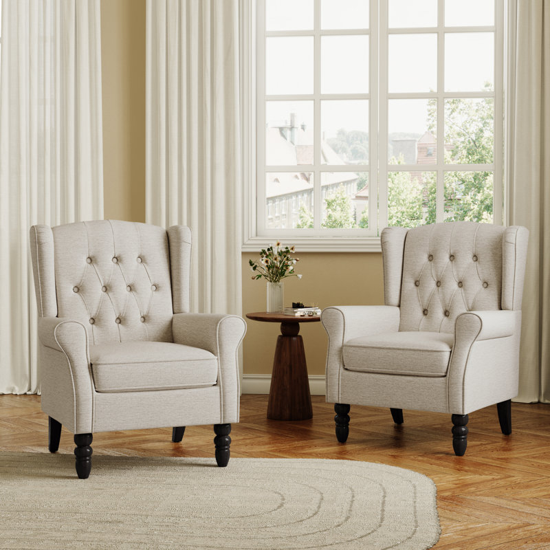Duward Upholstered Beige Button Tufted Wingback Accent Chair with Rolled Arm and Thick Padded Cushion, Beige Polyester