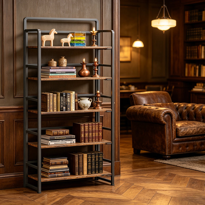 Très grande bibliothèque pliante, étagères de rangement rétro à 5 niveaux pour bureau à domicile, sans assemblage