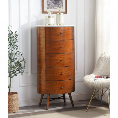 Walnut Finish 1Pc Chest Of Five Drawers Marble Top Ball Bearing Glides Bedroom Furniture by Wildon Home