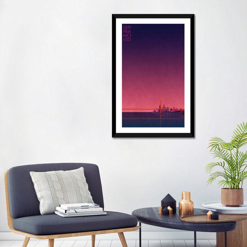San Francisco Skyline - impression d'art graphique, H 32 po x l 24 po x P 1 po, Papier encadré noir, Blanc