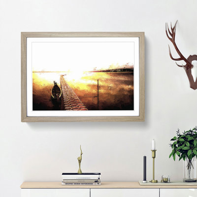 Docked Boat During an Orange Sunset - Picture Frame Painting Print
