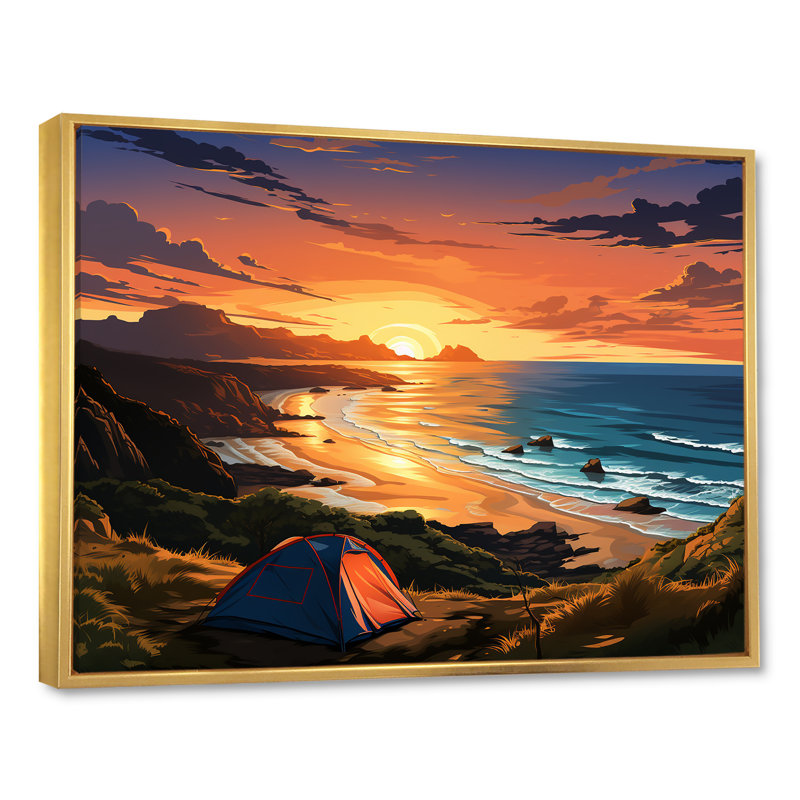 Coastal Camping Tents Retreat 2 - Art mural de voyage en camping, Cadre flottant doré, H 30 po x l 40 po x P 1,5 po