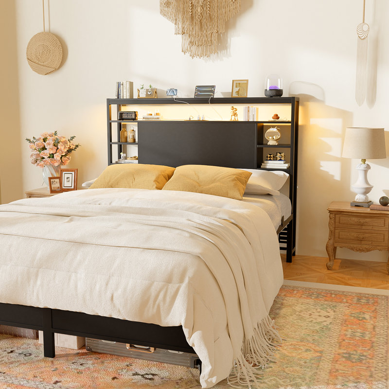 Storage Headboard With LED Lights And Charging Station, Full XL, Black