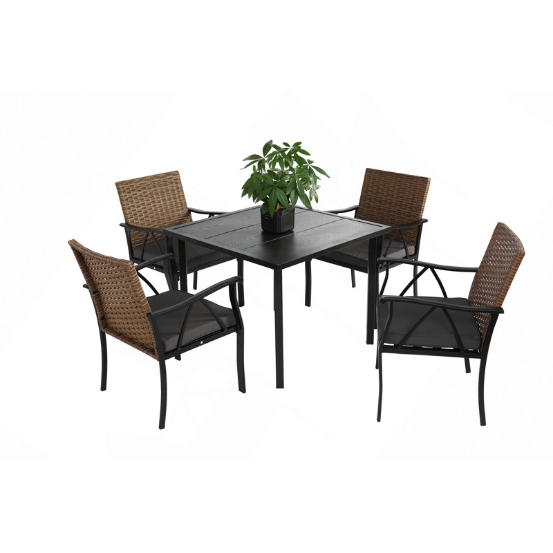 5-Piece Wicker Outdoor Table And Chairs, Patio Dining Set W/Square Steel Tabletop And Umbrella Hole, Patio Table And Chairs Set For Backyard Deck Balcony Front Porch