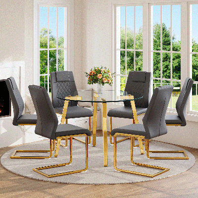 Ensemble de table de salle à manger ronde moderne, plateau de table en verre trempé et chaises avec pieds en métal doré