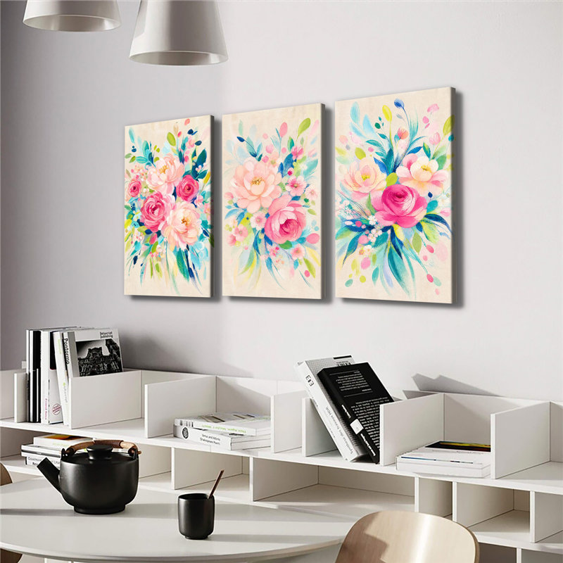 Aquarelle, pivoine rose, bouquet de roses, texture de lin, toile tendue prête à accrocher, 3 pièces, impression sur toile