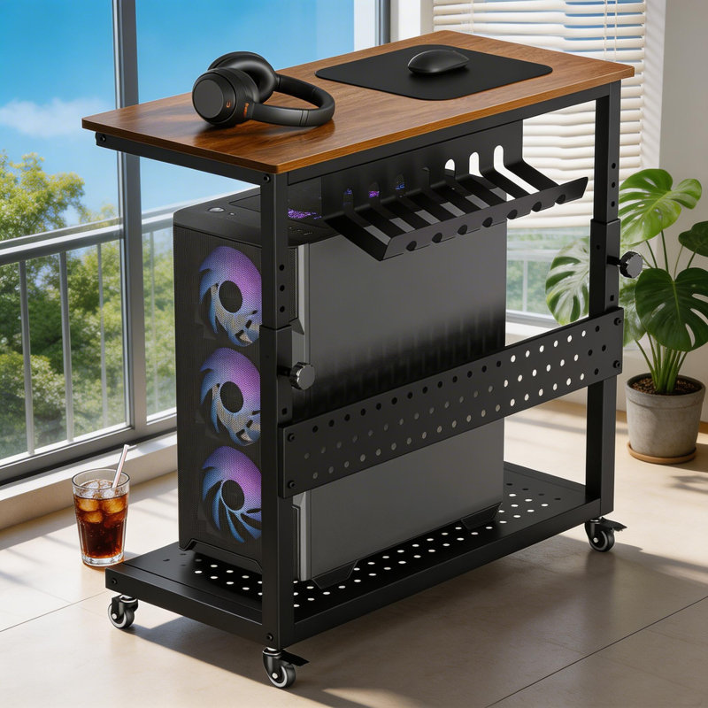 Support pour ordinateur portable à 2 niveaux avec support de gestion des câbles, support pour unité centrale de traitement à hauteur réglable avec crochets pour le bureau personnel de jeu, support pour PC sous le bureau.