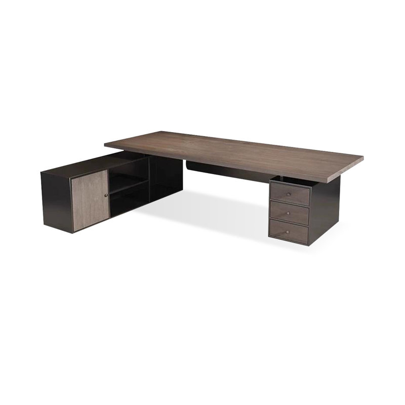 Tan+Black Rectangular Solid Wood+Iron desks, Left Hand Return, 29.53" H x 78.74" W x 31.5" D