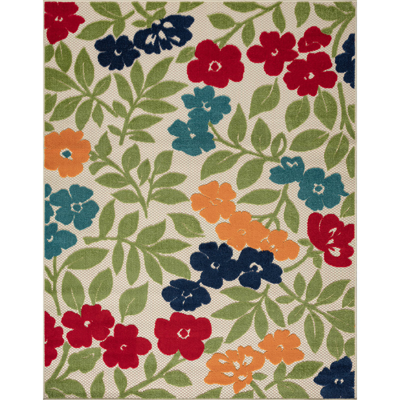 Floral Flatweave Water Resistant Indoor Outdoor Rugs for Patios, Deck, Porch or Entryway, Rectangle 5'3" x 7'3"