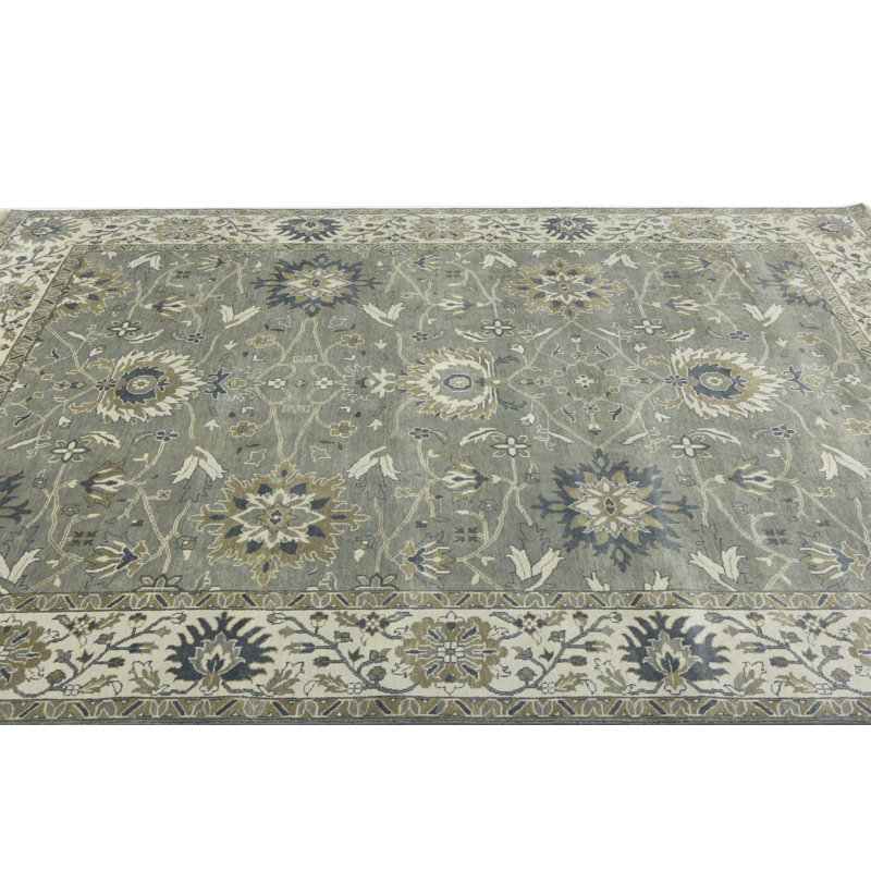 Floral Handmade Hand-Knotted Rectangle 9'1" x 11'10" Wool Area Rug in Cream