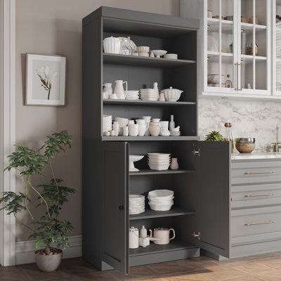 100% Solid Wood Kitchen Pantry Cabinet, Tall Freestanding Modular Storage With Open Shelf & Shaker Doors, Adjustable Shelves, 32" W X 71.5" H