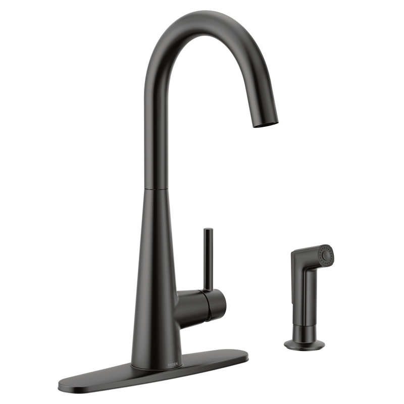 Robinet de cuisine élégant à poignée simple haute avec douchette latérale, Noir mat