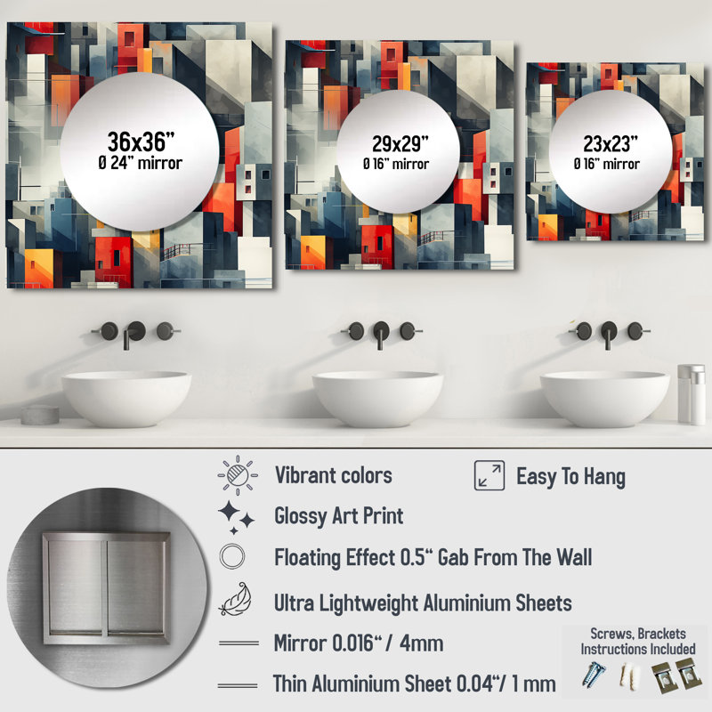 Motif de mur gris rayé cubique - miroir mural carré moderne pour la chambre à coucher, 23 po x 23 po