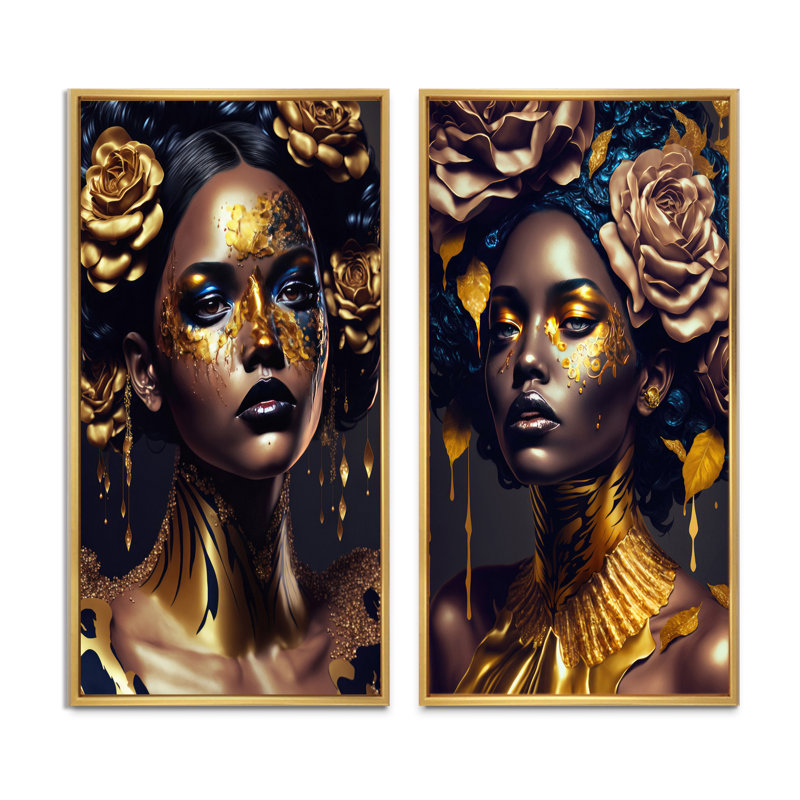 «Gold and Black Floral Woman V», 2 pièces sur toile, Encadrement brun, H 40 po x l 40 po
