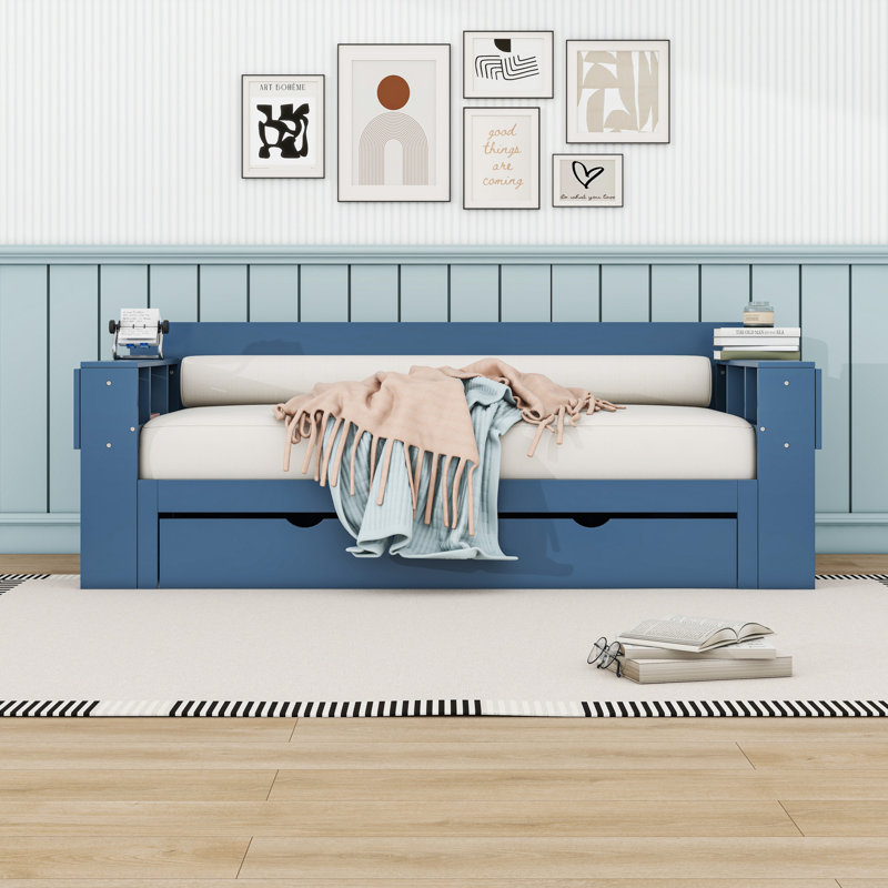 Wood Daybed with Removable Desk, Storage Drawers and Shelves, Blue, Queen