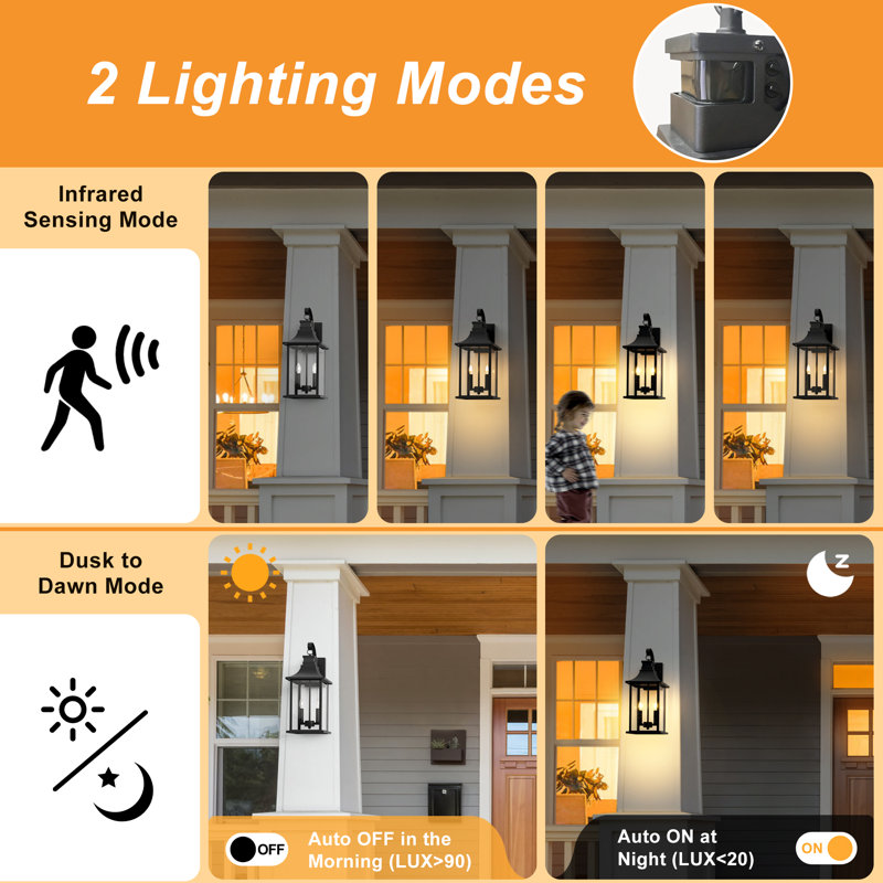 Dallas 2 - Light 19"H Black Iron Tempered glass Outdoor Wall Lantern with Dusk to Dawn and Motion Sensor, Matte Black
