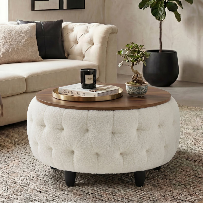 32 Inches Teddy Fleece Tufted Ottoman,Large Round Storage  Coffee Table with Wooden Tabletop,White, White
